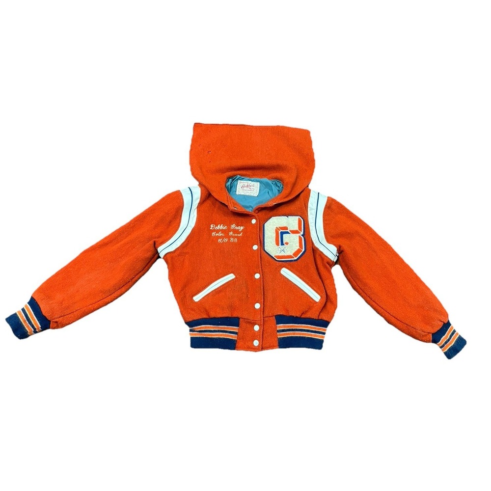 Vintage Hutchers Women L Burnt Orange Distressed Varsity Jacket Made In USA READ